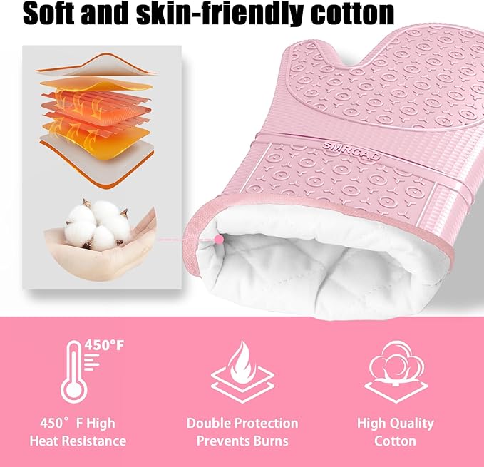 Oven Mitts with Heat-Resistant Hot Pads and Five Silicone Spatulas Designed for Kitchen Baking Cooking, Oven Glove Soft Cotton Lining, Waterproof, BPA-Free (Pink, 12.6)