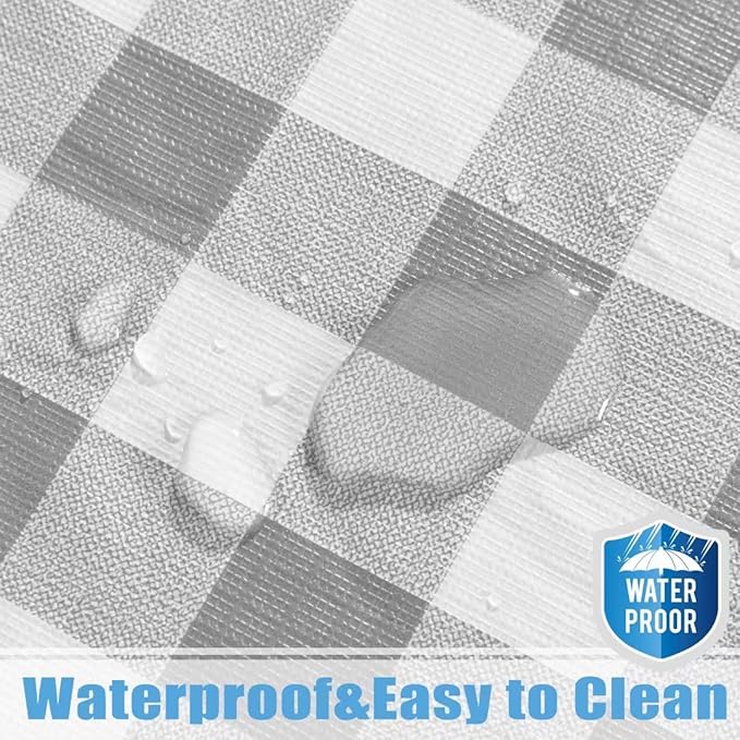 Fitable Round Vinyl Fitted Table Cover - Waterproof Checkered Elastic Edged Tablecloth Flannel Backed Wipeable Table Cloth for Spring/Summer Picnic Party, Silver/White (Fit for 45"-56" Round Tables)