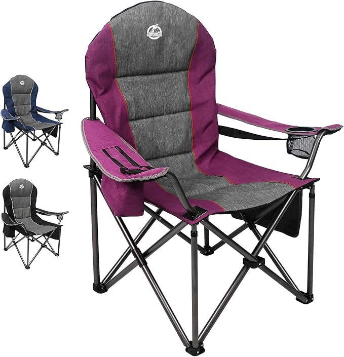 Northroad Oversized Portable Camping Chair, Full Padded Outdoor Folding Chair Support 350 LBS, Heavy Duty Lawn Chair with Cup Holder, Cooler Bag, Lumbar Support, Head Pocket for Adult (Purple)