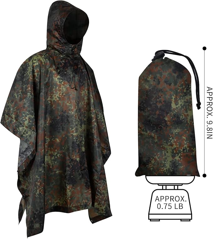 GRVCN Military Rain Poncho, Camouflage Raincoat Outdoor Waterproof Lightweight
