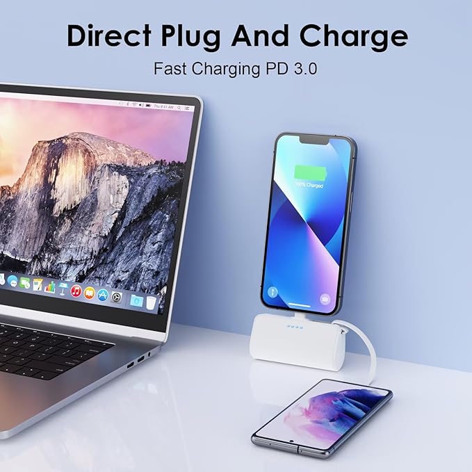 Mini Portable Charger for iPhone with Built-in Type-C Cable, 5200mAh Ultra-Compact Power Bank, PD 20W Fast Charging Battery Pack Phone Charger for iPhone 16/15/14/13, Samsung, Google, Android (White)