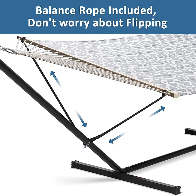 SUNCREAT 55 Inch Extra Large Double Hammock with Stand, 475lbs Capacity, Outdoor Portable Hammock with Hardwood Spreader Bar, Extra Large Pillow, Grey