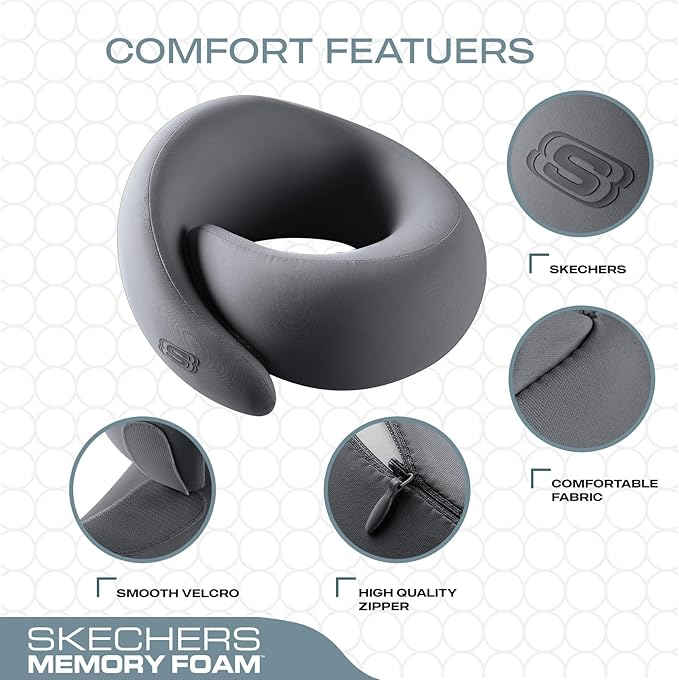 Skechers Memory Foam Travel Pillow,Comfortable & Breathable Airplane Travel Essential, Neck Pillow for Travel, Car Rides, Home, and Office Use, Ergonomic Design for Men and Women,Gray