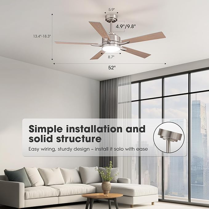 Ceiling Fan with Light, 52" Modern Low Profile Ceiling Fan with Light, DC Reversible Motor, Smart APP & Remote Control, Whisper Quiet, Dimmable LED for Bedroom/Living Room