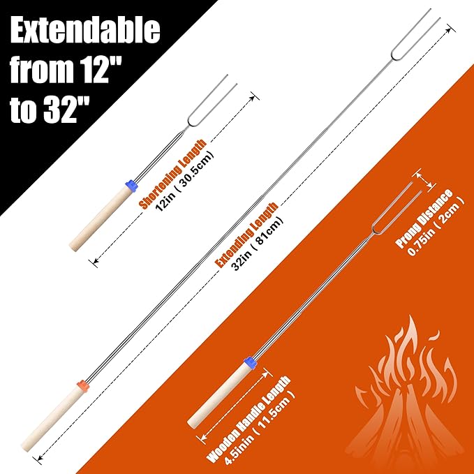 Briout Extendable Stainless Steel Roasting Sticks - Smores Sticks for Fire Pit Long 32 Inch, Smore Skewers Hot Dog Fork Campfire Accessories, Camping Essentials for S'mores - 15 Pack