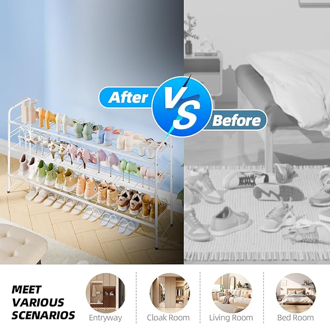 3 Tier Shoe Rack for Closet, 46.5 Inch Extra Long Shoe Storage Organizer for Shelves, Heavy Duty Metal, Easy Assembly, White