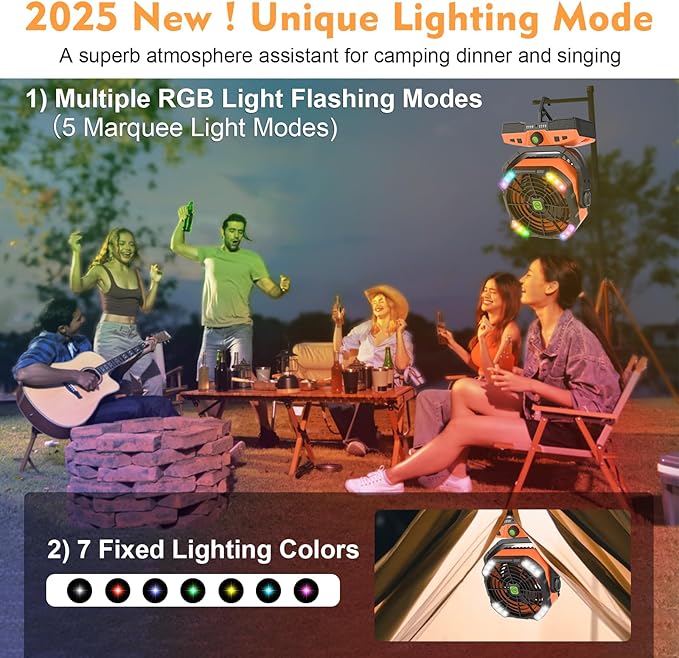 RUNTOP Oscillation Camping Fan with LED Lantern, 20000mAh Rechargeable Battery Operated Outdoor Tent Fan w/Hanging Hook, Remote Control, 4 Speeds, Personal USB Desk Fan for Camping, Jobsite (Orange)