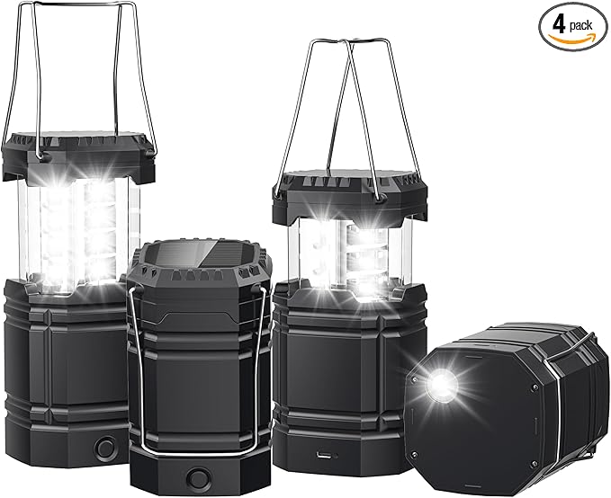 4 Pack Solar Camping Lantern with 1600mAh Rechargeable Battery, 30-Hour Runtime, 360° LED Tent Light & Super Bright Flashlight, Compact & Portable for Hiking, Emergency, Outdoor