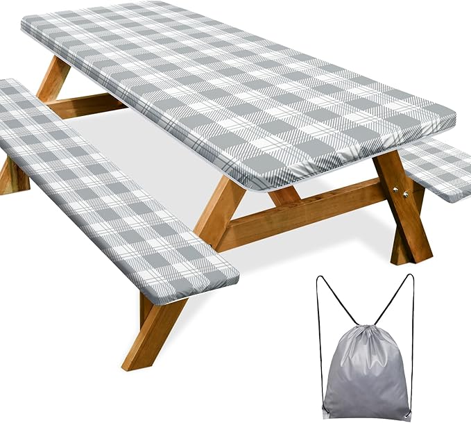 Picnic Table Cover with Bench Covers Camping Essentials Waterproof Windproof Camping Tablecloth with Drawstring Bag, Fitted Rectangle Tables and Seats, 72in, Grey Checkered