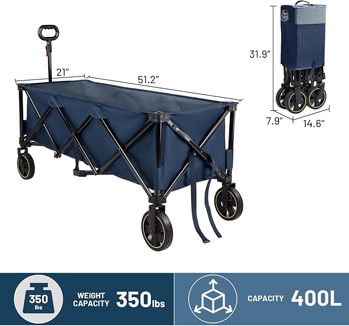 TIMBER RIDGE 51.2'' Extended Collapsible Wagon Cart with Brakes and Cargo Net, 350LBS Heavy Duty Foldable Utility Wagon with Adjustable Handle, 400L Capacity Portable Cart for Camping Sports Shopping