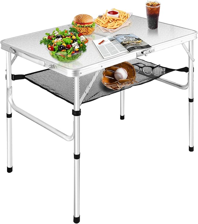 Medium Folding Table,2 Adjustable Height Foldable Table,3Ft Portable Camping Table,Outdoor Folding Table with Net Mesh，Folding Beach Table,White Metal Folding Table for Patio BBQ Backpacking