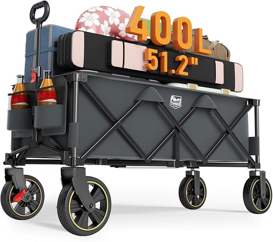 TIMBER RIDGE 51.2'' Extended Collapsible Wagon Cart with Brakes and Cargo Net, 350LBS Heavy Duty Foldable Utility Wagon with Adjustable Handle, 400L Capacity Portable Cart for Camping Sports Shopping
