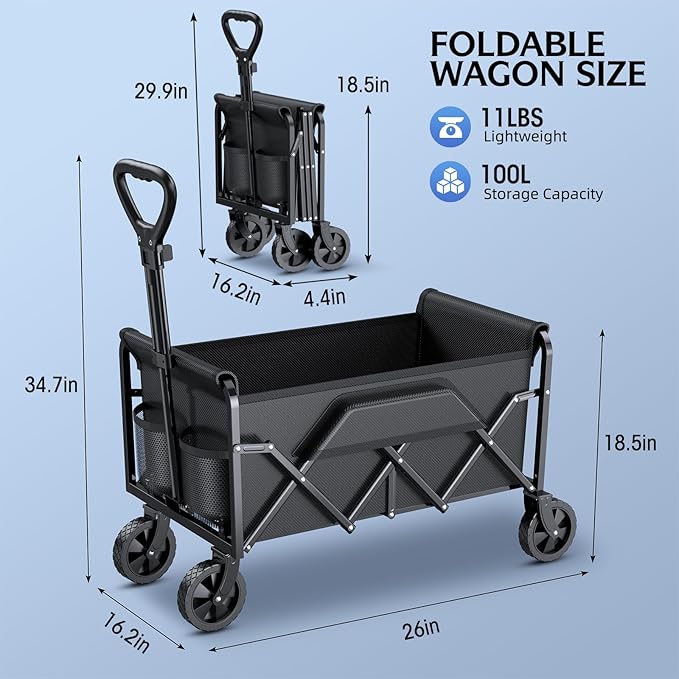 Collapsible Wagons Carts Foldable with 220lbs Weight Capacity, Lightweight Utility Portable Wagon Cart with Wheels, Grocery Foldable Wagon for Beach, Garden, Sports and Camping, Black