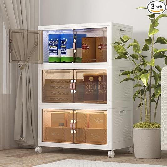 Extra Large Stackable Storage Binswith lids & Wheels, Foldable Collapsible Closet Organizers,360QT-120QT/30GAL*3Pack Plastic Containers with door & drawers for bedroom Dorm