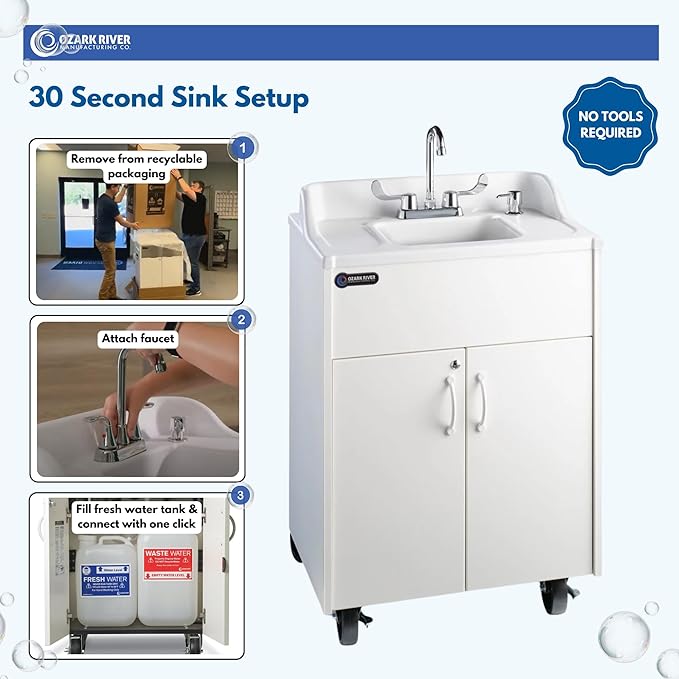 Ozark River Portable Sinks Premier Brite White, White Laminate-ABS Sink, Mobile Self Contained Sink, Mobile Hand Washing Station, Portable Sink with Hot Water, Portable Sink Hand Wash Station, 110V