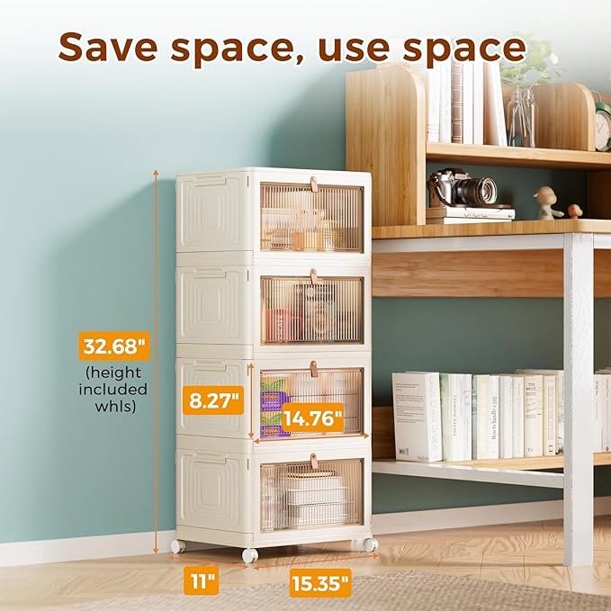 4 Tier Stackable Plastic Storage Bins with Lid and Wheels - 23 QT Closet Organizers and Storage, Foldable Storage Containers, Organization and Storage Boxes for Craft, Home, Pantry, Dorm,Yellow