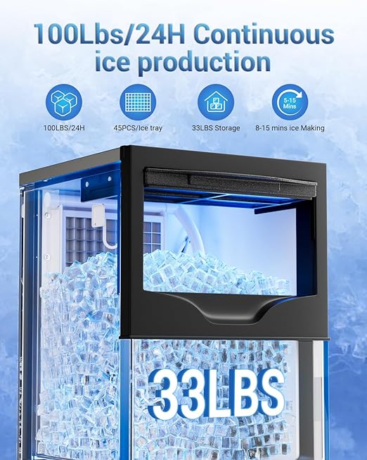 Commercial Ice Maker Machine, 120lbs/24H Under Counter Ice Maker, 22~33Lbs Stainless Steel Storage Capacity, 12 Adjustable Thickness Settings, Self-Cleaning, Ideal for Home, Cafe, Bar, Clinic (120LBS)