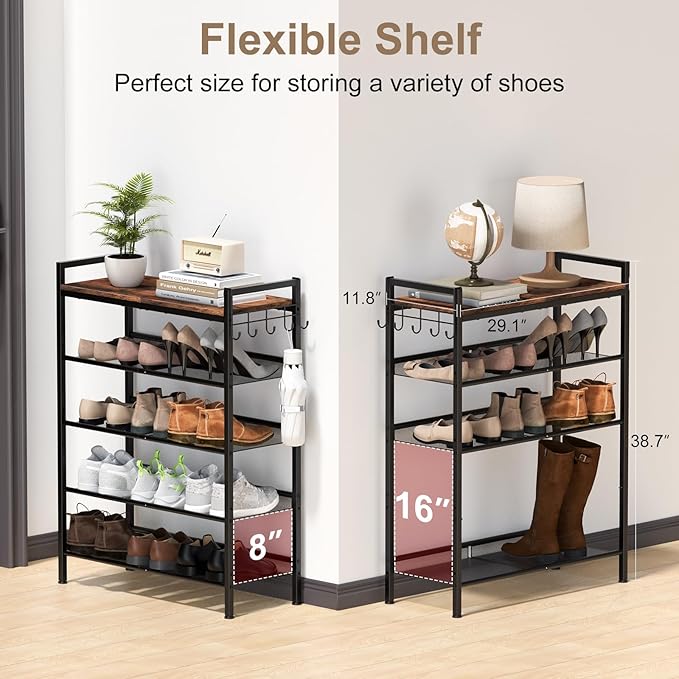 Refrze Shoe Rack for Front Door Entrance, 5 Tier Height-Adjustable Metal Shoe Rack, Sturdy Wooden Top and Tiltable Steel Frame Heavy Duty Shoe Organizer for Bathroom,Bedroom,Kitchen，Include Hook