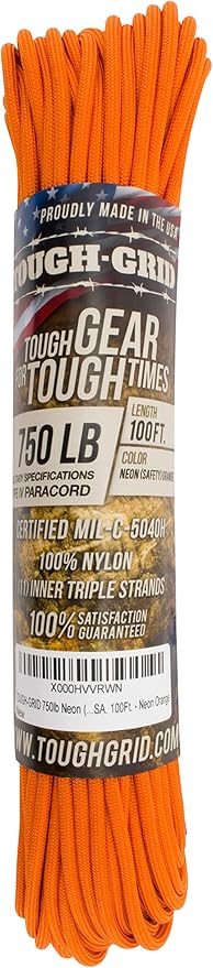 TOUGH-GRID Paracord Rope 750 lbs Nylon Parachute Cord, Made in USA Survival Kit, Outdoor Adventures, Camping, Tactical Gear & Emergency Supplies, Military Type IV Mil-Spec