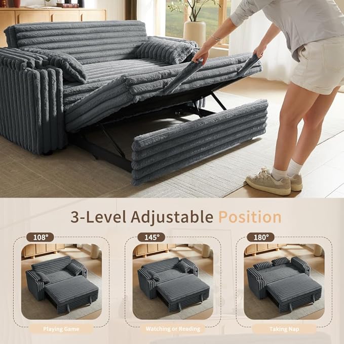 68" Corduroy Convertible Sofa Bed with USB, Storage Armrests & Pillows – 3-in-1 Foldable Sleeper Chair Floor Couch for Living Room, Bedroom, Guest Room (ZY-1109-Dark Gray)