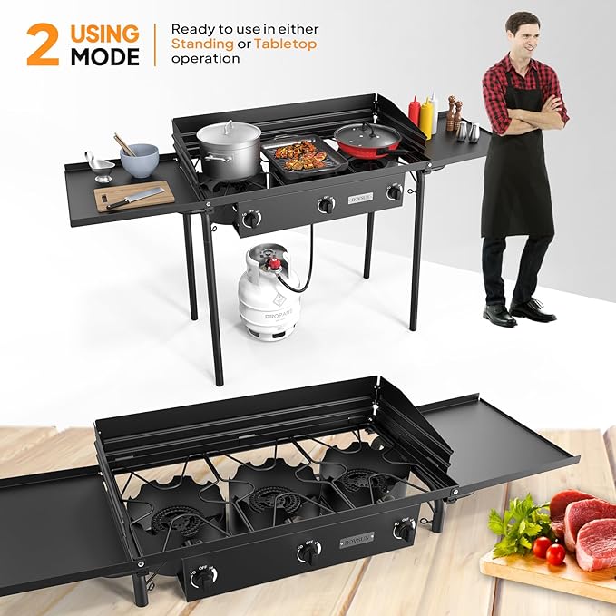 ROVSUN 3 Burner Gas Stove with 2 Side Shelves, 225,000BTU Portable Propane Stove with Removable Leg, Wind Panel, Regulator for Camping Home Backyard Outdoor Cooking Brewing Canning Turkey Frying