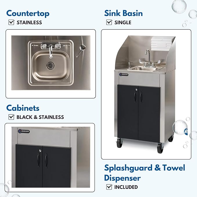 Ozark River Portable Sinks Elite PRO1, Free Standing Portable Concession Sink, Commercial Restaurant Portable Sink with Hot Water, Stainless Food Service Sink, Black Doors-Black Edges-Splashguard