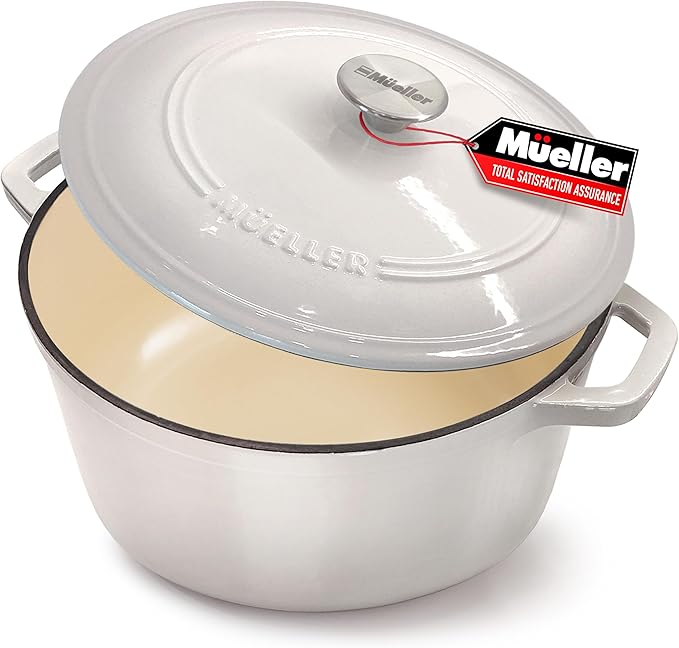 Mueller 6qt Enameled Cast Iron Dutch Oven, Heavy-Duty Casserole and Braiser Pan with Lid and Knob, Oven-Safe up to 500° F & Across All Cooktops, White