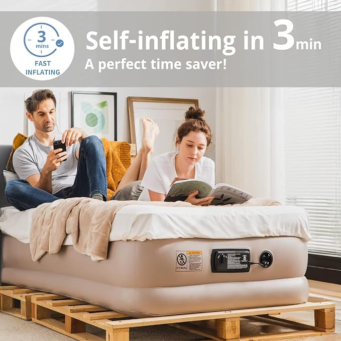 Simpli Comfy 18" Raised Twin Inflatable Air Mattress with Built-in AC Pump, Fast Self-Inflating Blow Up Air Bed with Waterproof Top for Home, Travel, Camping 75” x 40” x 18"