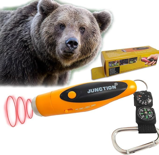 120dB Electronic Air Horn with Compass & Thermometer, Bear Horn to Scare Bears, Loud Air Horn for Safety Hiking Camping Emergency Self Defense, Electronic Whistle Bear Bells for Hiking (Orange)