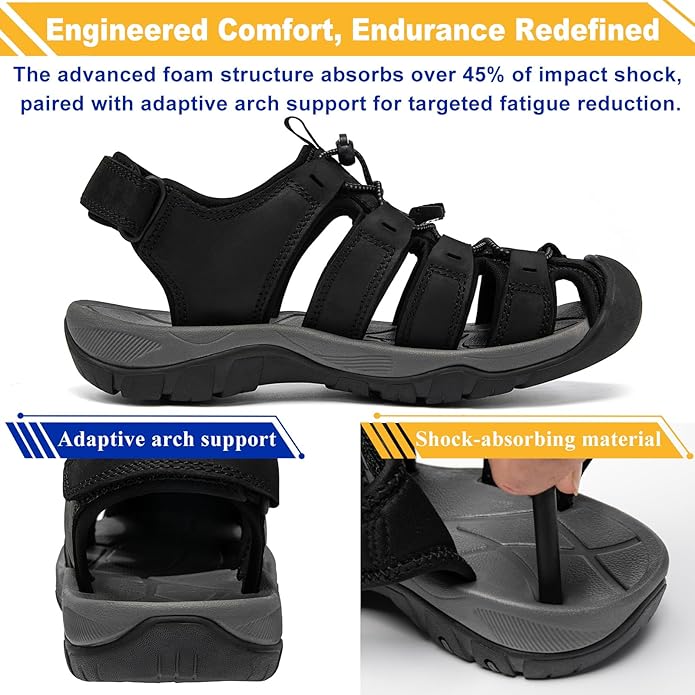 Men's Sport Sandals Closed Toe Leather Hiking Athletic Walking Outdoor Beach Trail River Fishing Water Shoes Lightweight Comfortable Waterproof