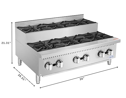 KoolMore KM-CRSU-36 36 in. Commercial Six-Burner Step Up Gas Range, 156000 BTU, ETL Listed in Stainless-Steel