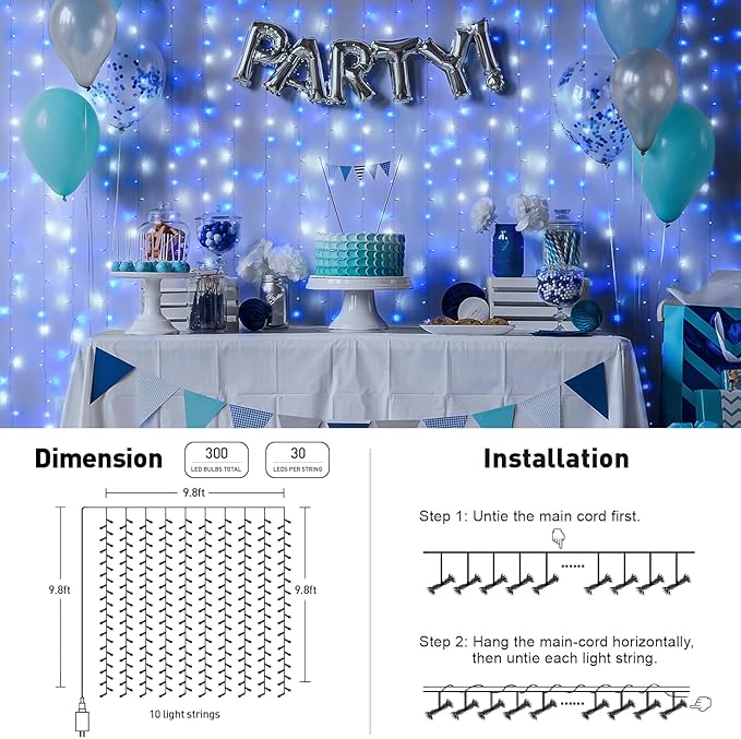 JMEXSUSS 300LED Christmas Curtain Lights Plug in with Remote, Blue and White Christmas Lights Indoor Outdoor, 8 Modes Hanging Fairy String Lights for Bedroom Window Wall Yard Patio Decor, 9.8x9.8ft