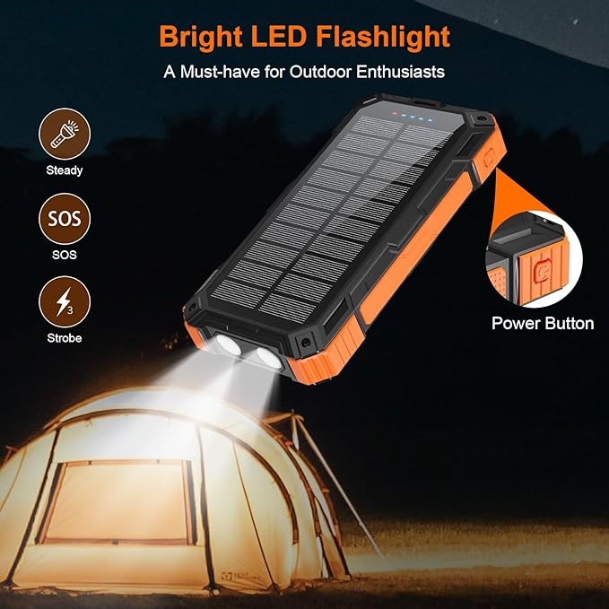 ERRBBIC Solar Charger Power Bank 49800mAh, 22.5W Portable Charger, 15W Wireless Charging, Solar Panel Charger, Built-in Four Cable, with USB C for Cell Phones, with Dual Flashlight for Camping