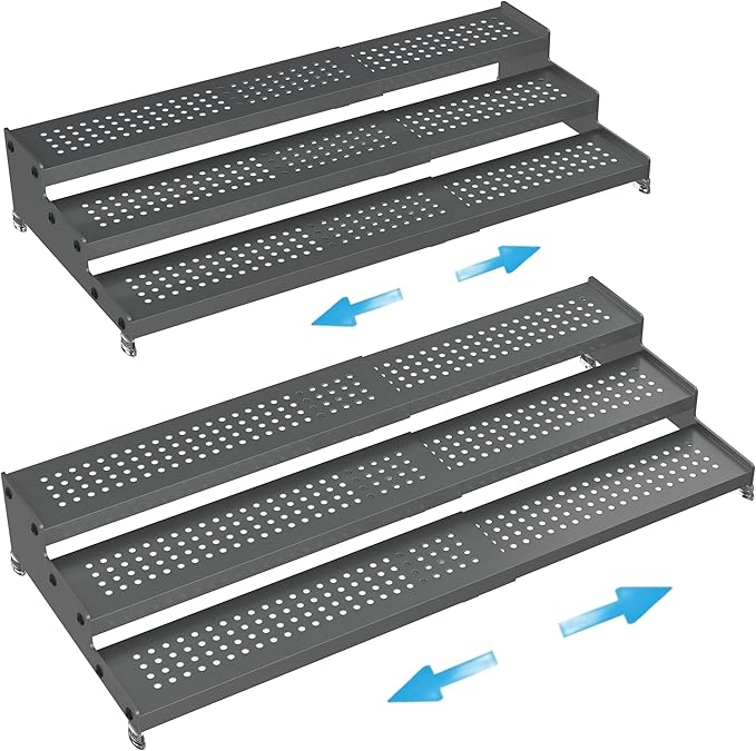 Expandable Spice Rack organizer with 3-Tier step shelf,Modern Design heavy duty,Non Skid and Visibility,Great for Kitchen Cabinet, Pantry and more(2PACKS/GUN-GREY)