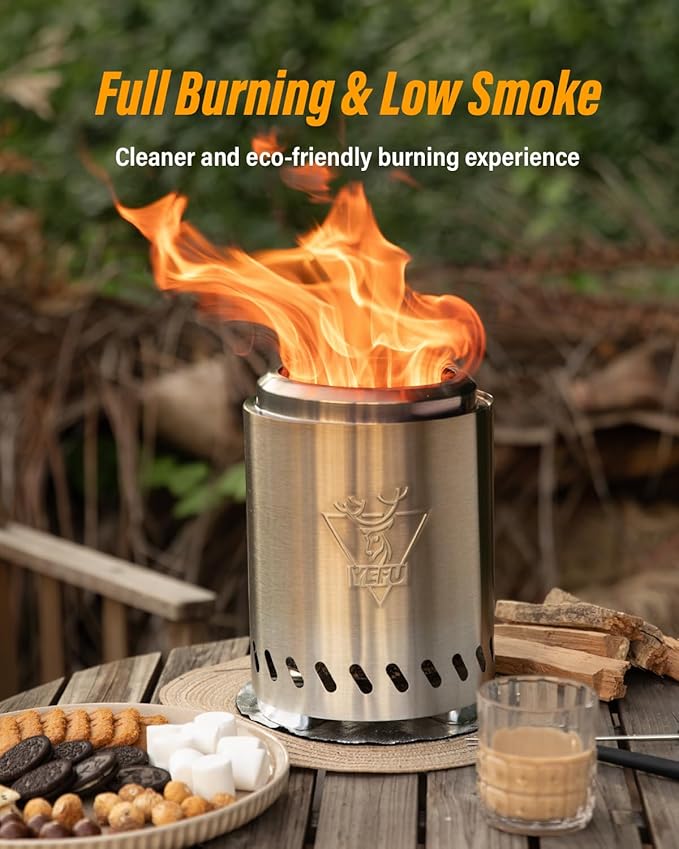 YEFU Tabletop Fire Pit 9.7 x 7.1 in, Low Smoke Camping Stove for Outdoor & Patio, Fueled by Pellets or Wood, Safe Burning Table Top Firepit, with Travel Bag & 2 Mini Sticks & Fireproof Mat, Silver