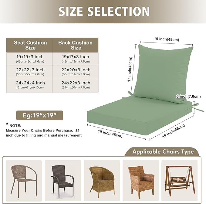 Outdoor Chair Cushions, Waterproof Outdoor Cushions for Patio Furniture w/Fade-Resistant, Removable & Machine-Washable Covers, 19x19 Inch, Ideal for Seat in Gardens/Porch – Set of 1/2/4, Sage Green
