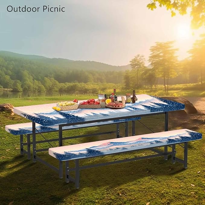 CAPSCEOLL Fitted Picnic Table Cover with Bench Covers with Elastic 6Ft Waterproof Camping Picnic Table Cover Cloths for Outdoors Camping Tablecloth with Drawstring Bag, 72X30in, Snow Mountain