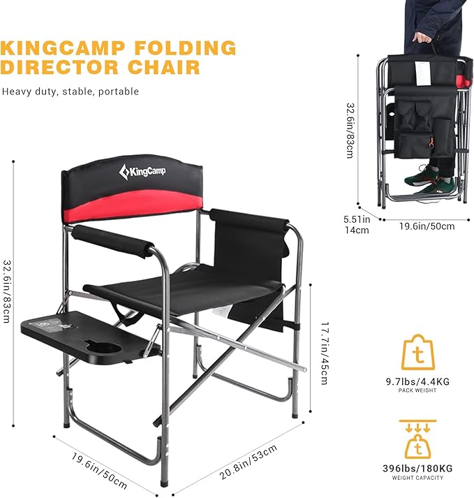 KingCamp 2-Pack Camping Folding Director Chairs with Side Table & Storage, Red