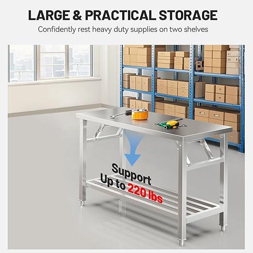 Folding Stainless Steel Table with Adjustable Table Corners and Lower Removable Shelf 20X45 Inches for Outdoor Camping, Maintenance Room, Storage, Kitchen (with undershelf)