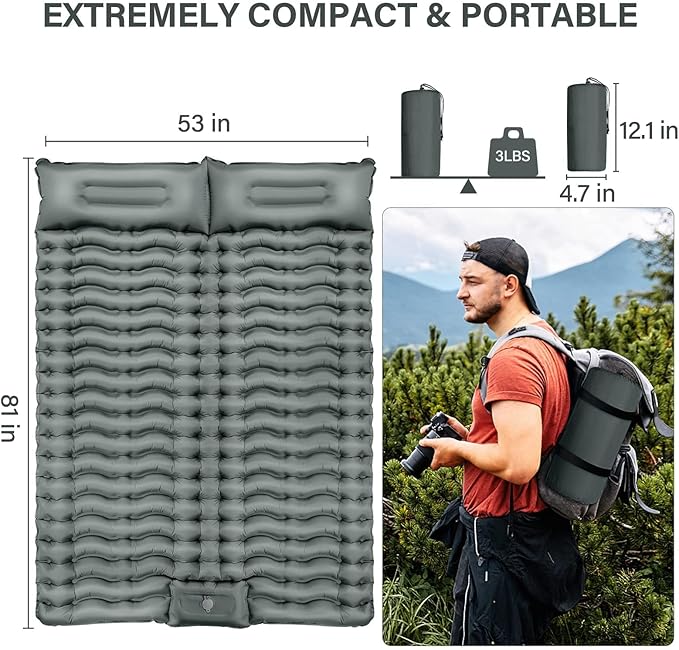 Double Camping Sleeping Pad – 4" Ultra-Thick Foot-Pump Design, Lightweight 2-Person Inflatable Sleeping Mat with Pillow for Backpacking, Hiking, Travel, Tent – Gray
