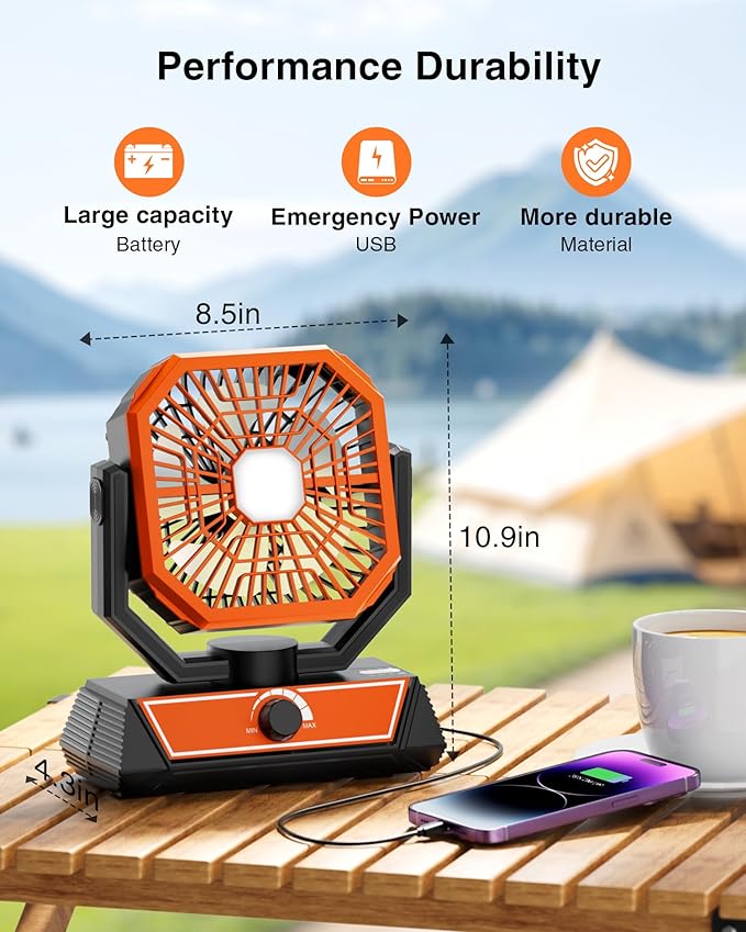 Portable Camping Fan with 20000mAh Rechargeable Battery, USB-C Battery Powered Fan for Indoor Outdoor Use, Ultra Quiet Battery Operated fan for Travel, Tent, Beach, Picnic, BBQ, Desk, Home