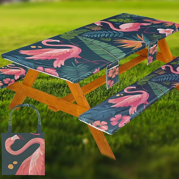 Fitted Picnic Table Cover with Bench Covers, Windproof Vinyl Table Cloths Outside Camping Cooking Backyard Furniture Seat Cushion Tablecloth Activities Party Decor Decorations Para Acampar Equipment