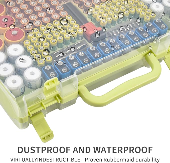 Battery Organizer Storage Holder Box Case with Tester- 269 Batteries Double-Sided Variety Pack, Holds AA AAA 4A C D Cell 9V 3V Lithium LR44 CR2 CR123 CR1632 18650 Button- Green (Box Only)