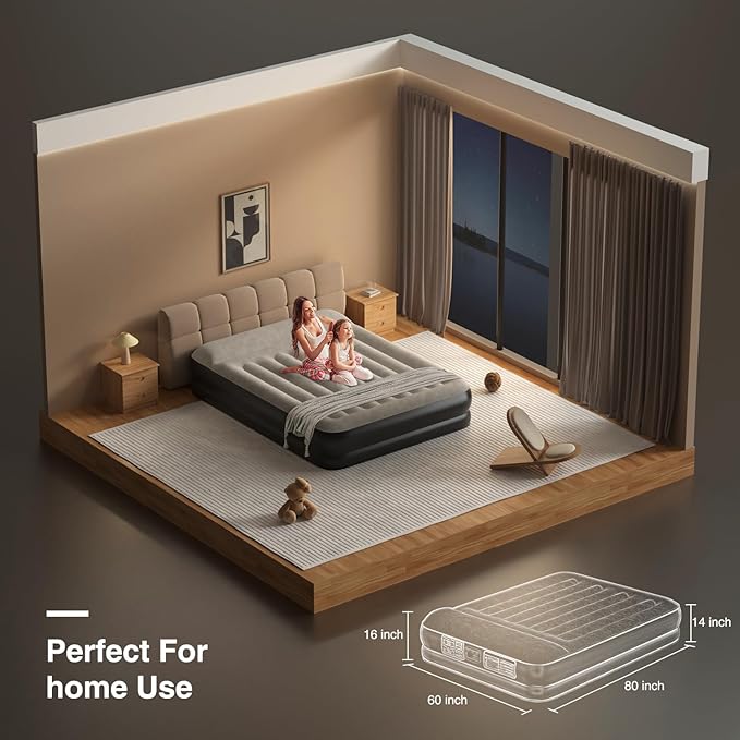Queen Air Mattress Waterproof and Easy-to-Clean, Blow Up Mattress with Built-in Pump, Durable Inflatable Mattress with Pillow Design Suitable for Naps, Hosting a Friend and Camping