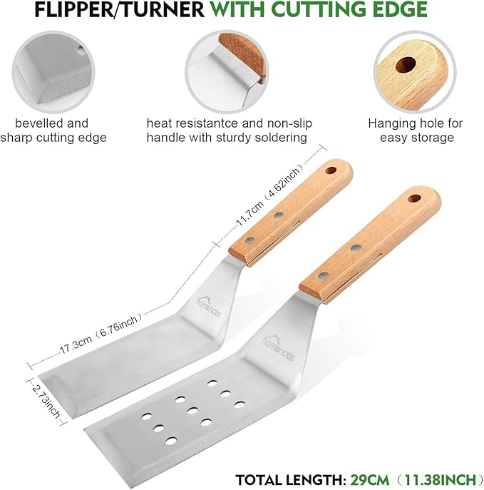 HOMENOTE Griddle Accessories Kit, 7Pc Professional BBQ Kit in Gift Box - Heavy Duty Wooden Handle Stainless Steel Griddle Tool Set Great for Grill Flat Top Cooking Camping, Wood Color