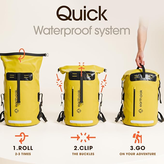 Earth Pak Waterproof Backpack - Heavy Duty Hiking Backpack - Roll-Top Closure - Waterproof Bag - Cushioned Dry Bags Waterproof w/ IPX8 Waterproof Phone Case - Wet Bag for Hiking, Kayak