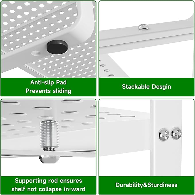 Expandable Kitchen Cabinet Shelf Organizer Rack Heavy Duty Metal Spice Rack Stackable Kitchen Counter Storage Shelf for Cabinet Pantry Bathroom (White - 16.5"-27" L x 10.2" W x 9.6" H - 2Pack)