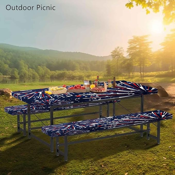 CAPSCEOLL Picnic Table Cover with Bench Covers 4Th of July Waterproof Camping Tablecloth All-Weather Outdoor Table Protector with Drawstring Bag for Camping Essentials, 72X30in, Fireworks