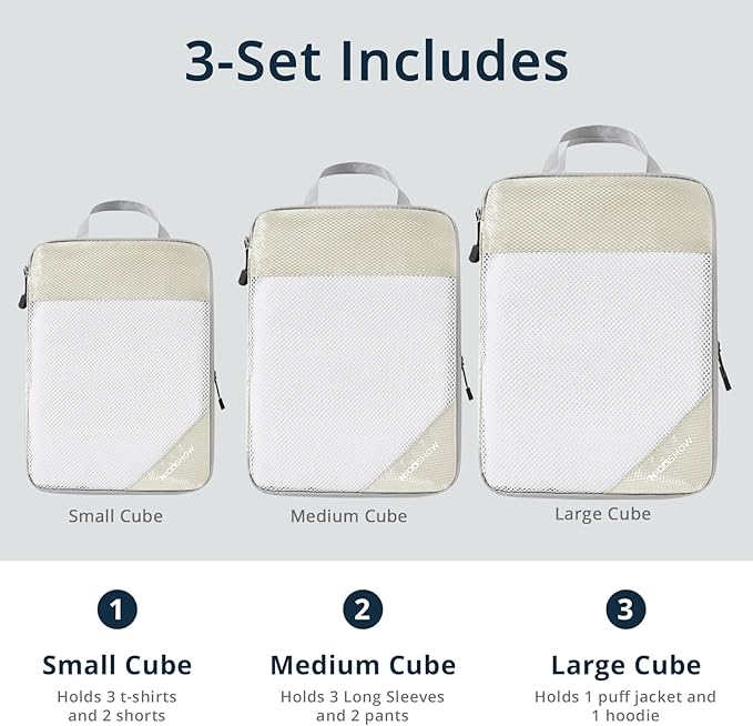 Compression Packing Cubes 3 Set, Compressible Space-Saving Packing Cubes for Travel - Compression Bags, Luggage Organizer, Travel Essentials for Women, Beige