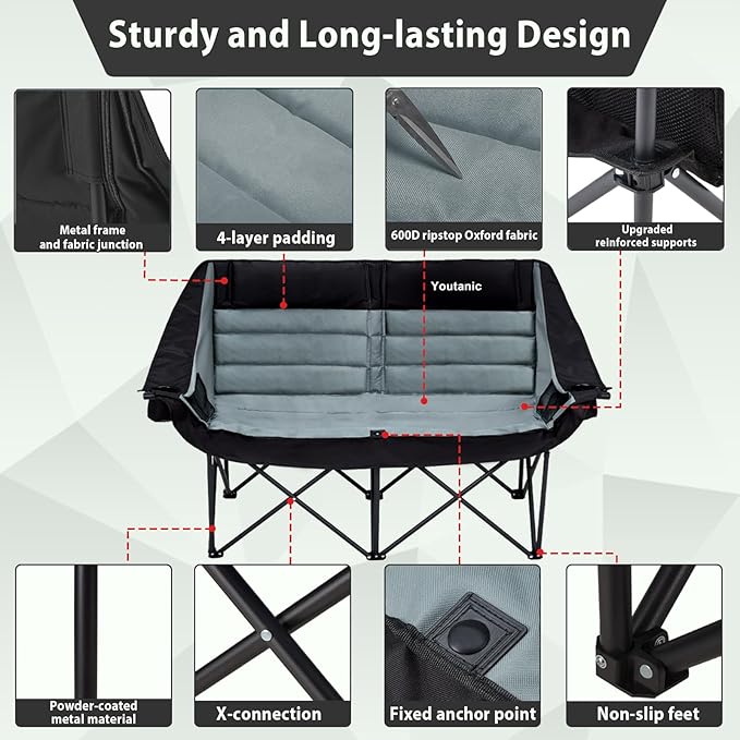 Oversized Camping Chair, Double Folding Loveseat Camping Couch with Pocket, Cup Holder and Carry Bag, Heavy Duty Portable Camping Chairs for Adults, Fishing, Sports, Trip, up to 660lbs, Black